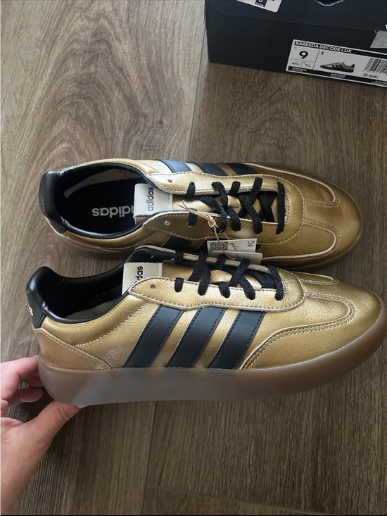 adidas Shoes - Adidas woman’s Gold Samba-Inspired Sneakers with Black Stripes
